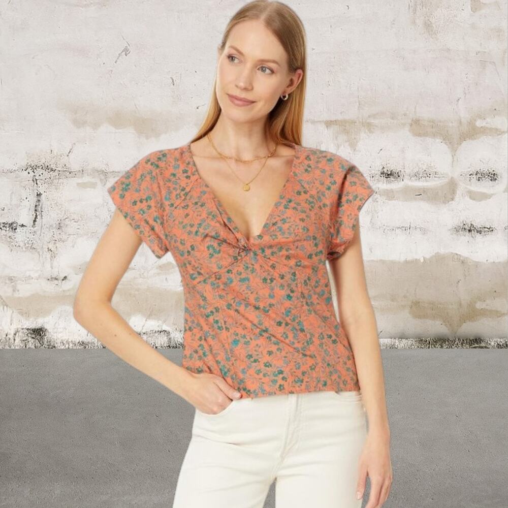MADEWELL $68 Womens Amari Twist Top Short Sleeve Orange Floral Size 10 NWT